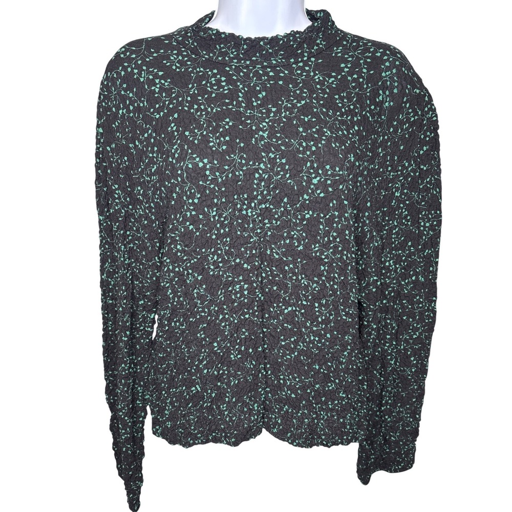Lafayette 148 Women Black Teal Floral Textured Plisse Mock Neck Top Sz M Elegant